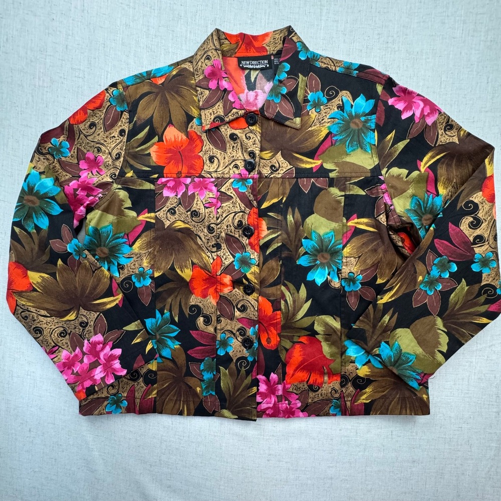 New Direction Floral Jacket Womens Size L Multicolor Cotton Tropical Print Boho